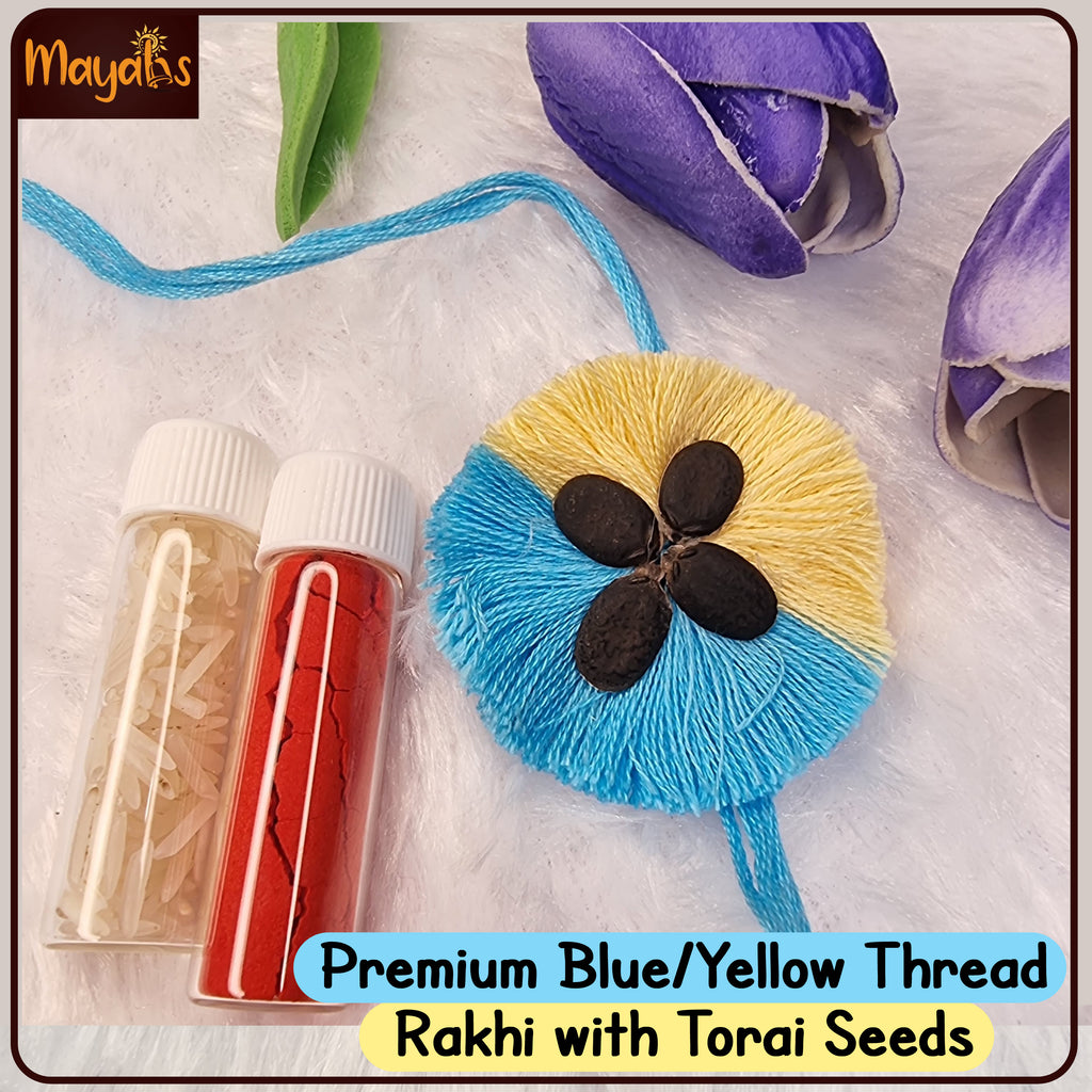 Premium Blue/Yellow Thread Rakhi with Torai Seeds