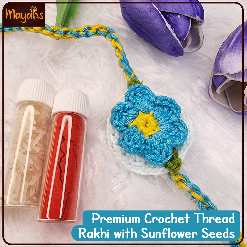 Premium Blue Crochet Rakhi with Sunflower Seeds